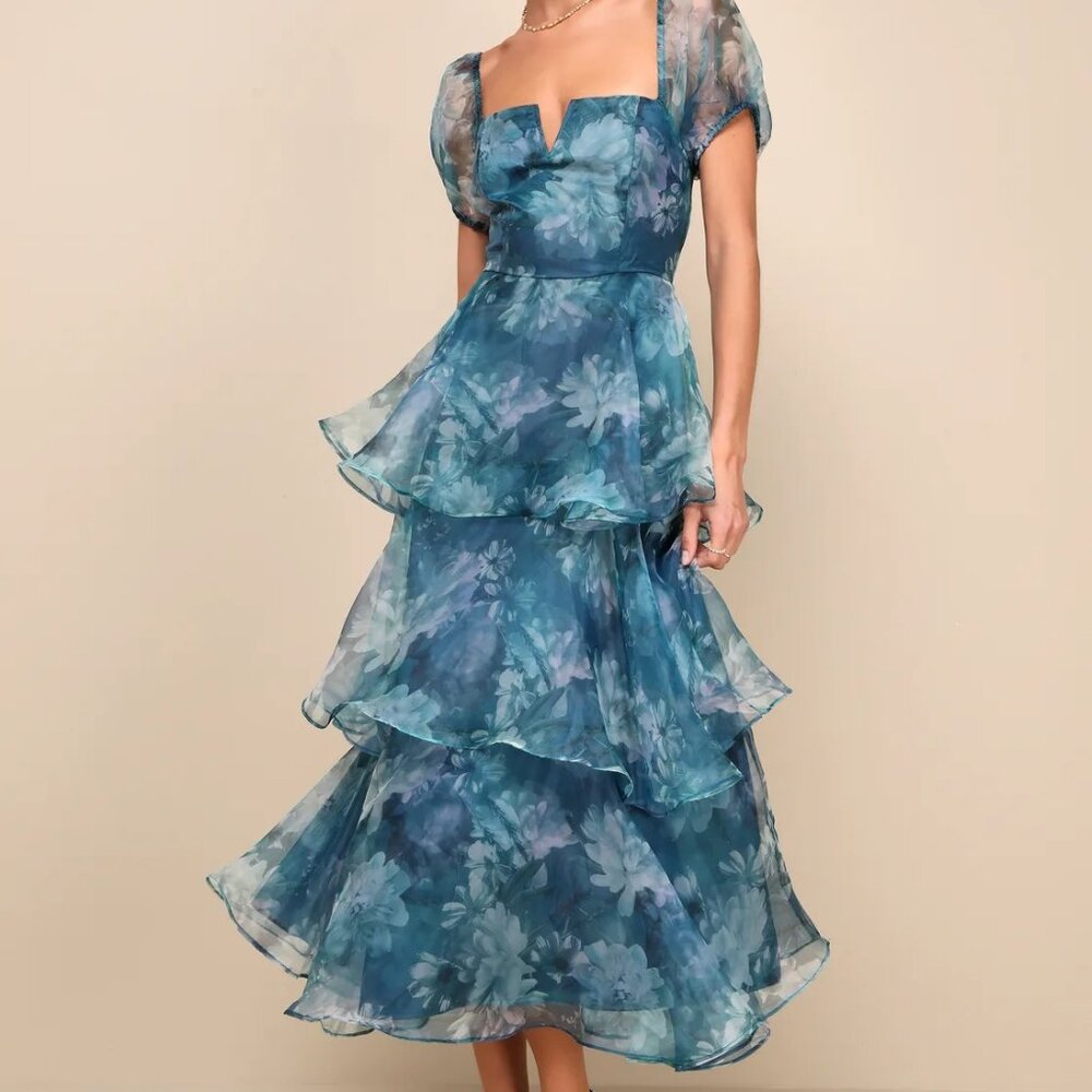 Lulus Darling Vision Teal Floral Organza Puff Sleeve Tiered Midi Dress (XL)